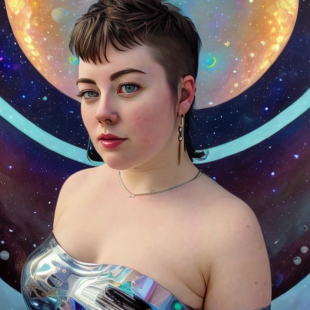 An Ai generated image of Raina. They're wearing a metallic top, and their mullet looks really cool. The background is a celestial blue and purple.