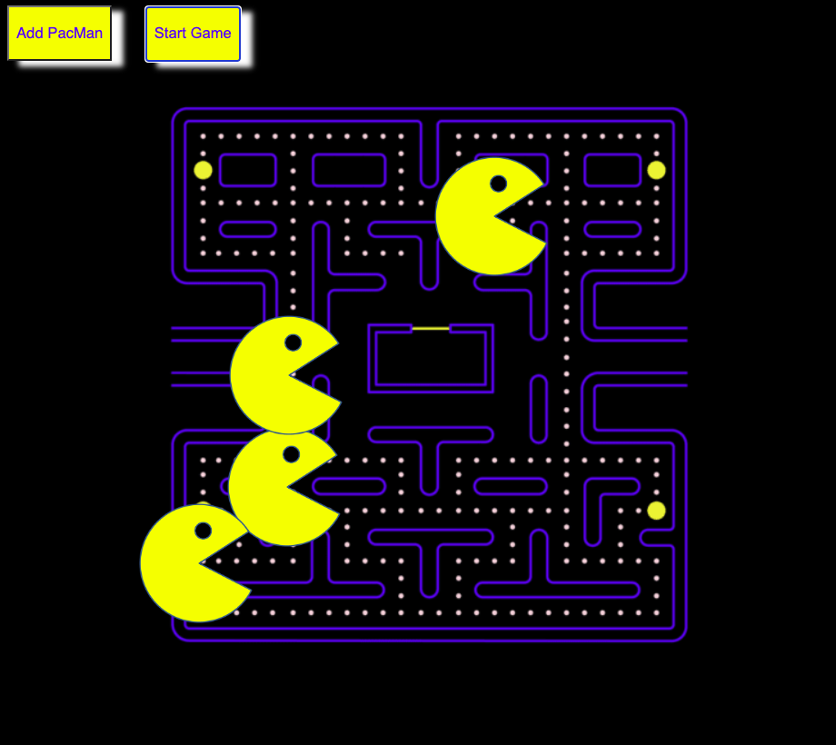 A PacMan factory game with yellow buttons with a white shadow in the corner. One says, 'Add PacMan' and when you click it, yellow open-mouth PacMen are added. THe second button 'Make 'Em Bounce' causes the PacMen to move across the screen and bounce and change direction when they hit a wall. The background is black with a classic PacMan maze in the center.