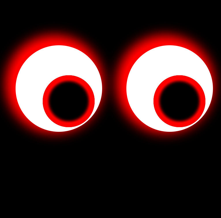 A black backround with white eyes that have a red glow around them. The irises are red and have a black pupil at the center.